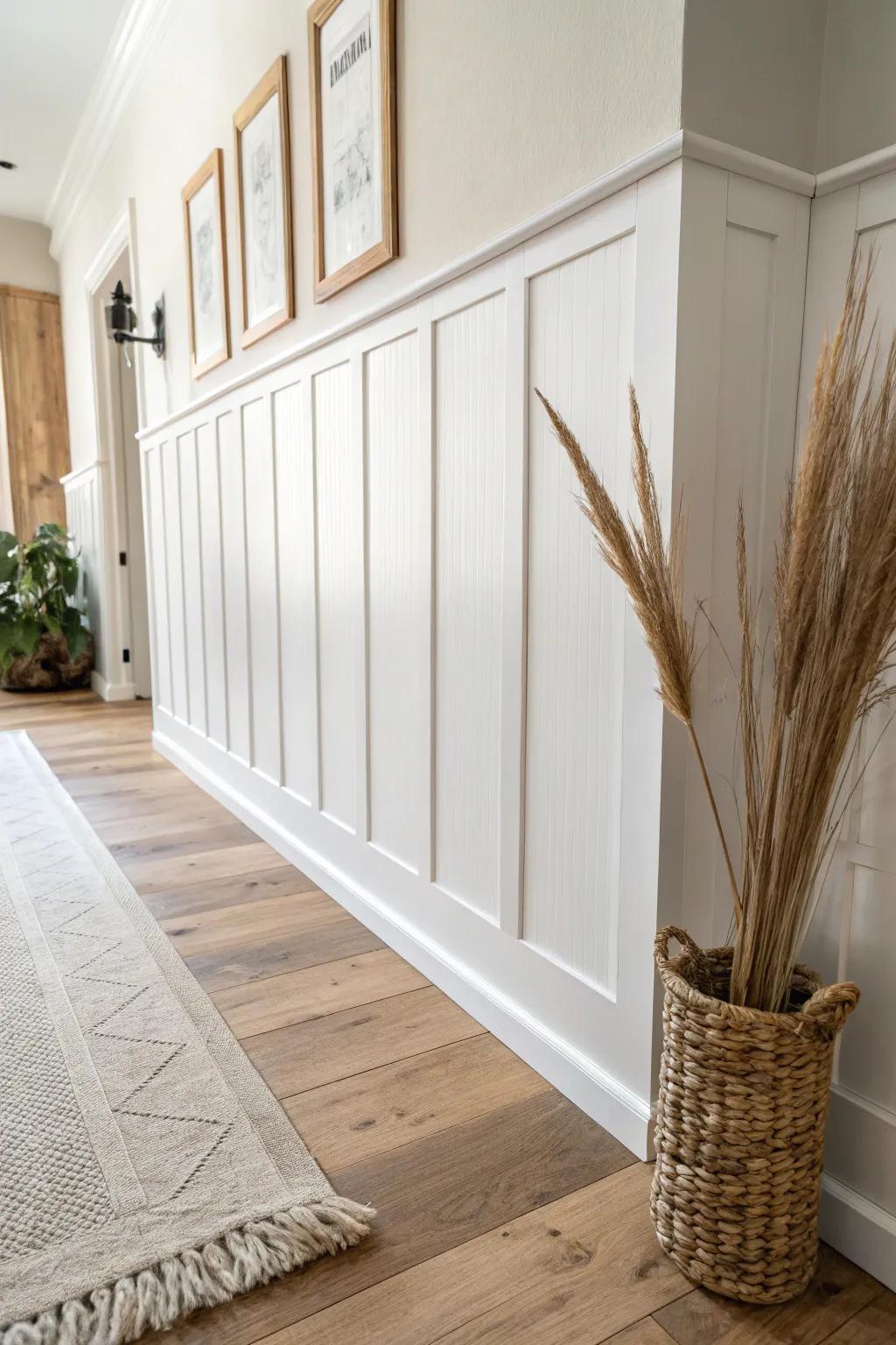 Board & batten half wall: clean vertical lines that add height and cozy Scandinavian charm.