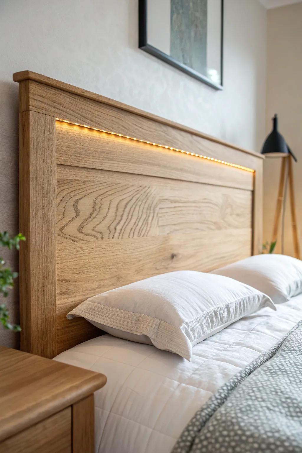 Hidden LED strip behind a wood headboard for a clean halo glow that highlights the grain.