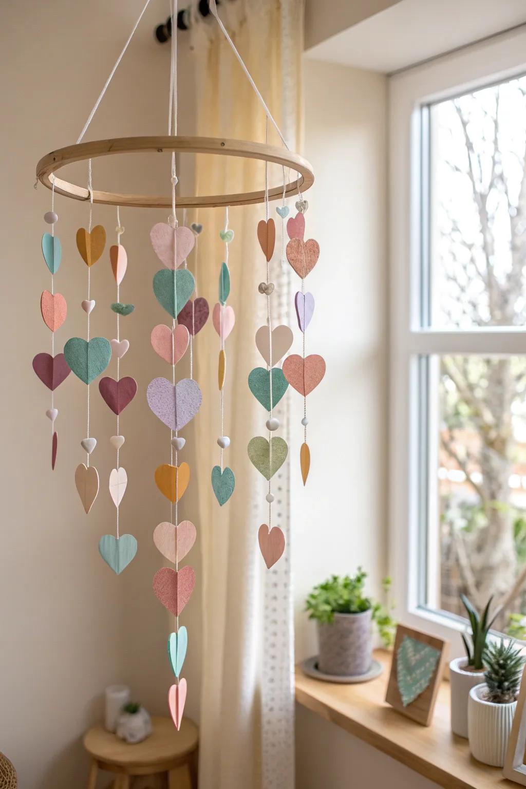Add a whimsical touch to your space with this charming heart mobile, perfect for a minimalist Boho vibe.