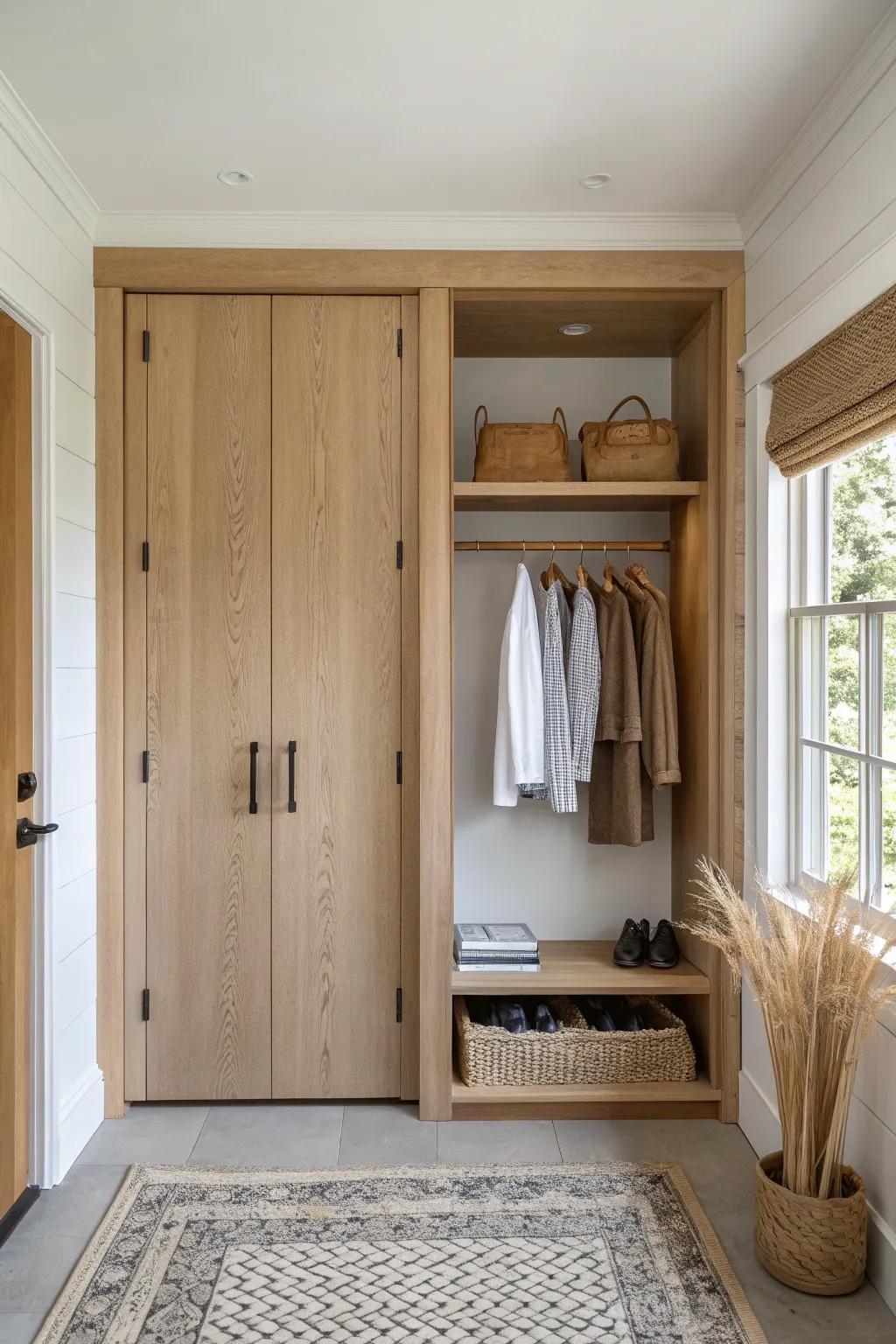 A recessed coat nook with closing oak doors—hidden storage that looks beautifully built-in.