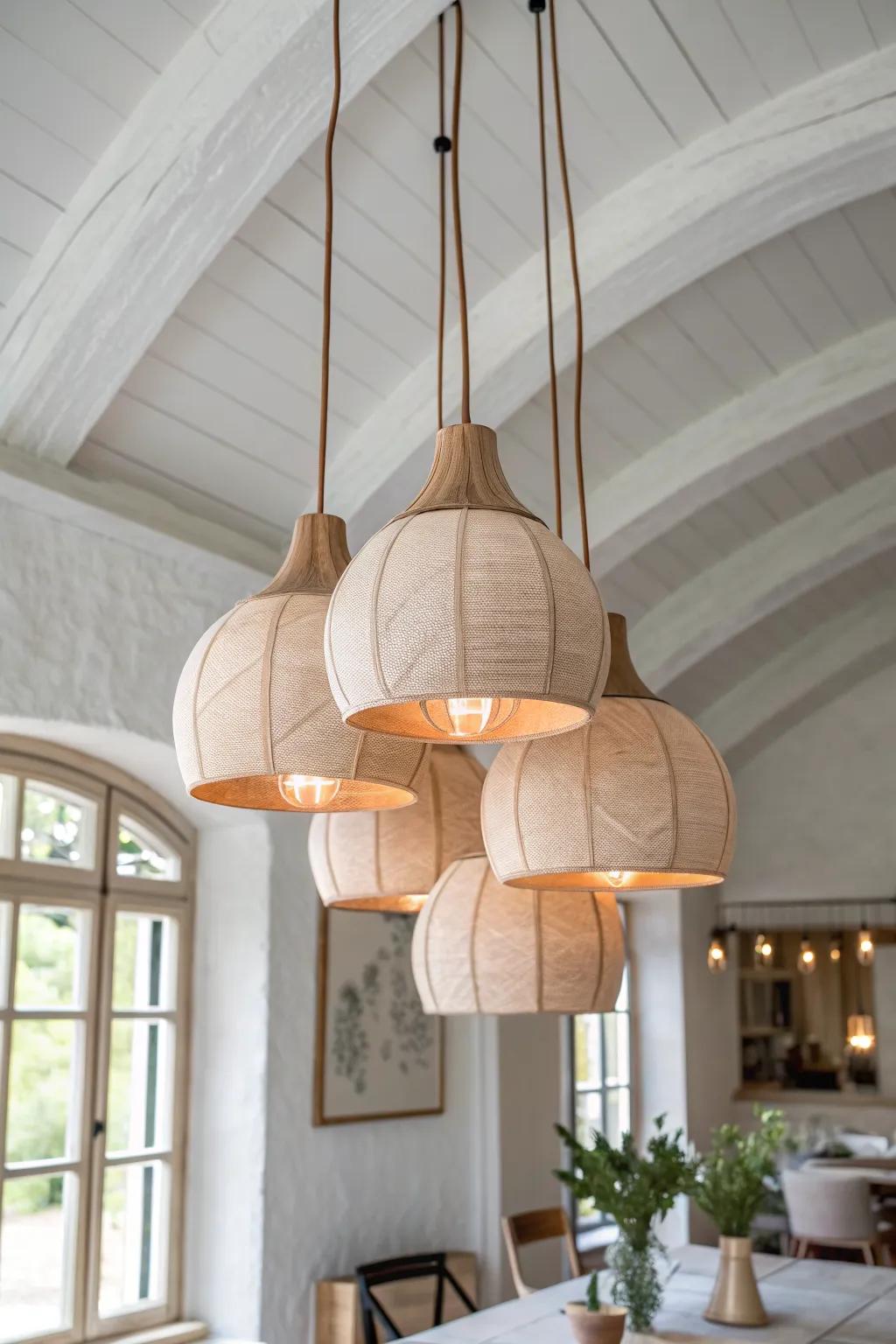 Mixed-height pendant cluster adds drama and warmth—perfect for a tall dining room ceiling.