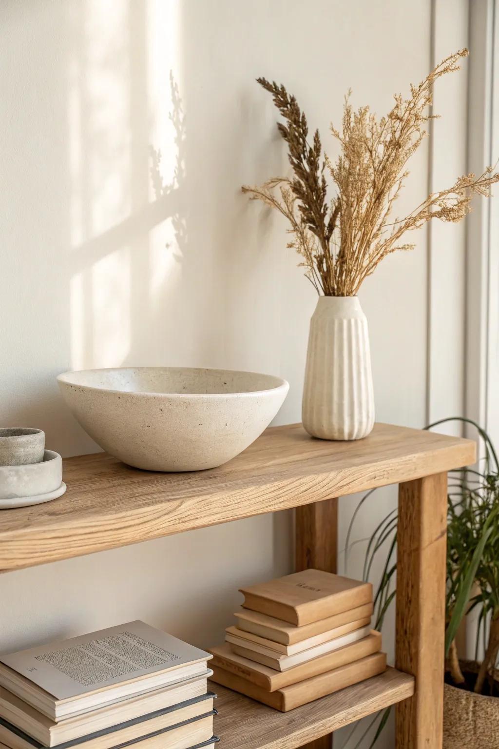 Stacked books turn a high shelf into a pedestal—adding height, texture, and calm Scandinavian style.