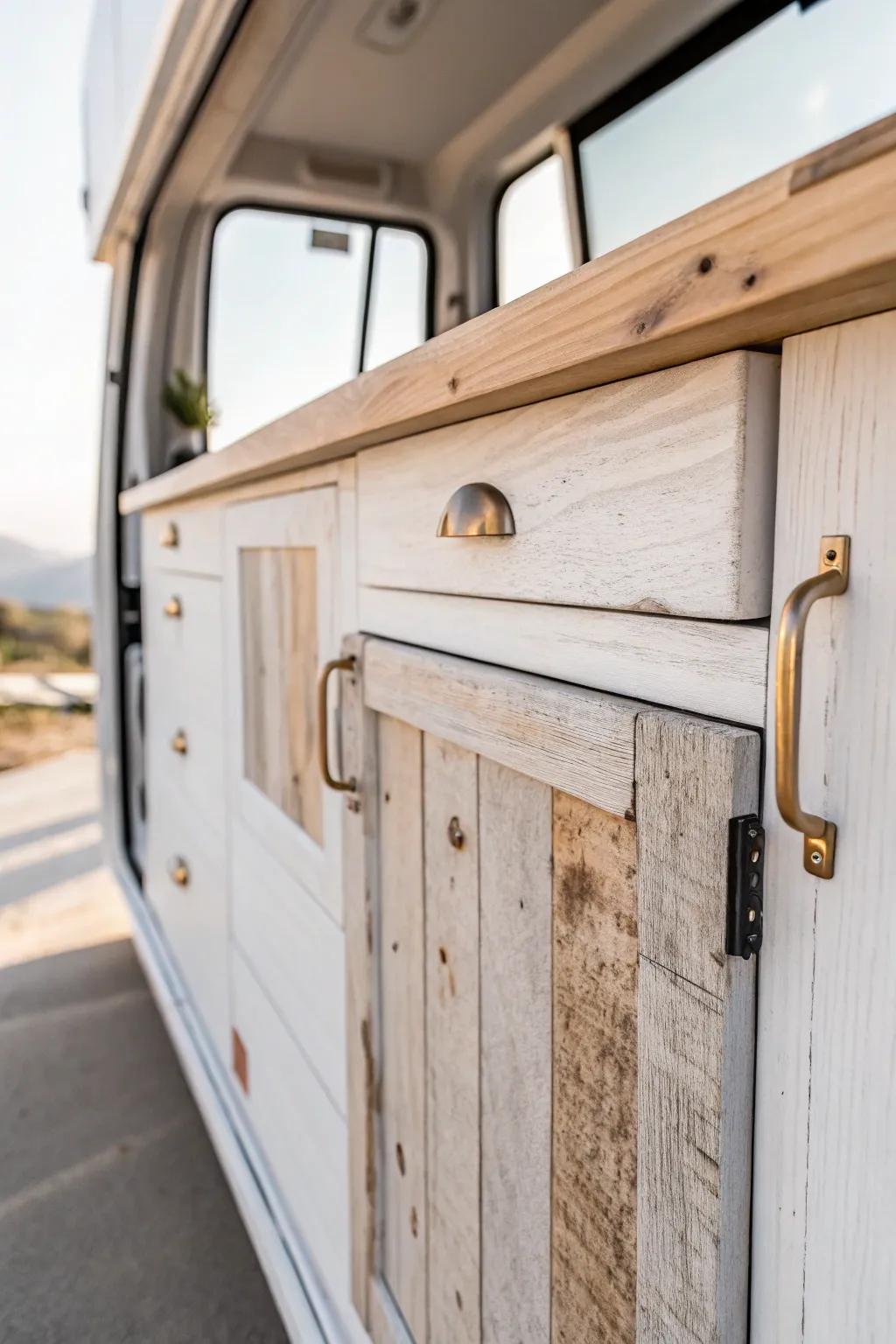 Reclaimed wood cabinet face that adds instant wanderlust warmth to a minimalist van kitchen.