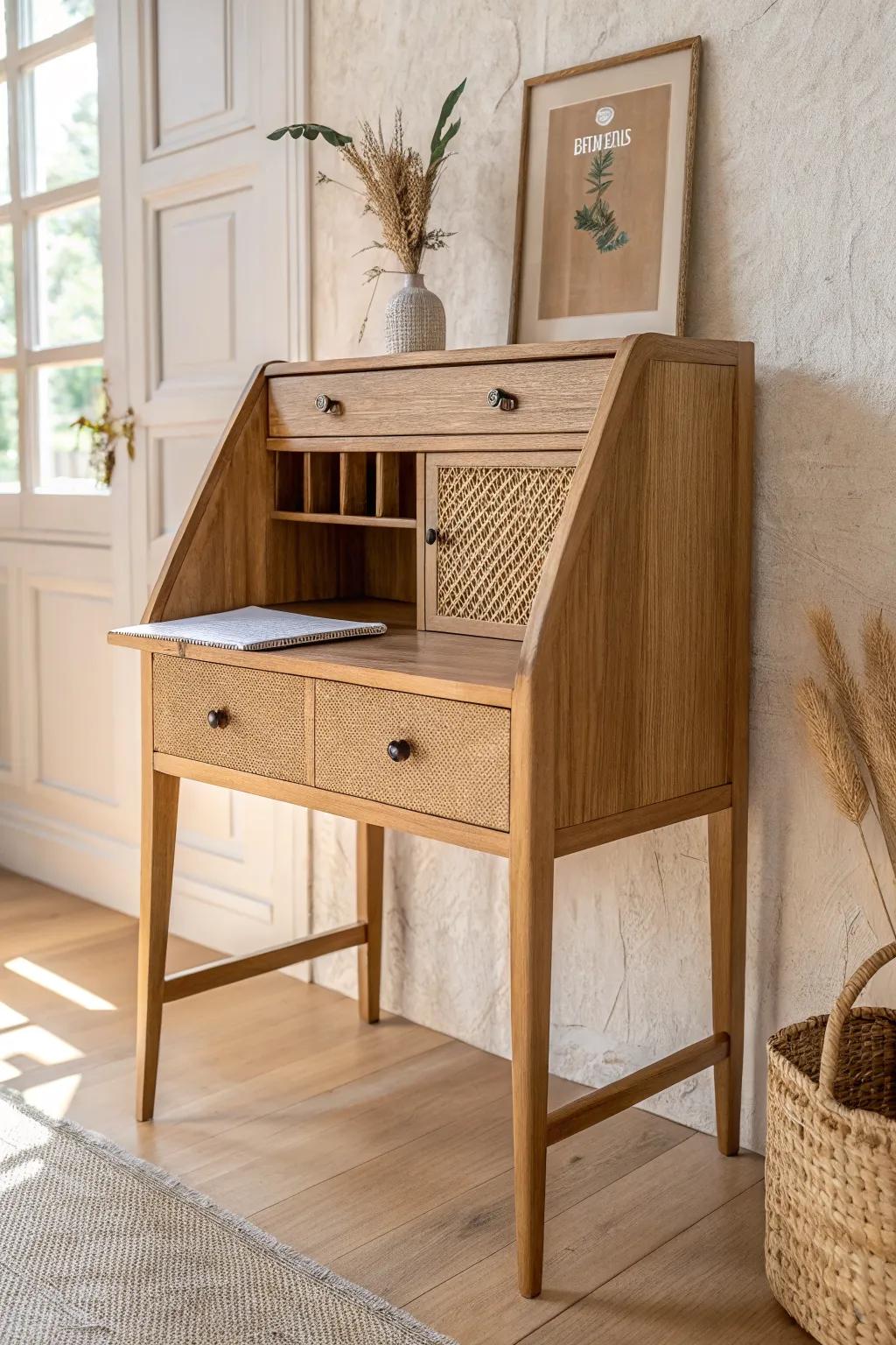A sleek secretary hobby desk that closes fast—hide projects in seconds and keep it serene.