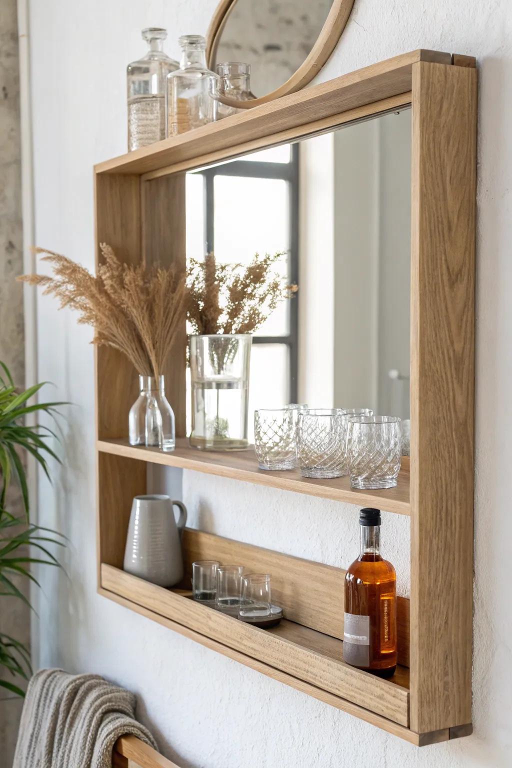 Mirror-backed shelves double the sparkle—light, glass, and pale oak for a luxe home bar moment.