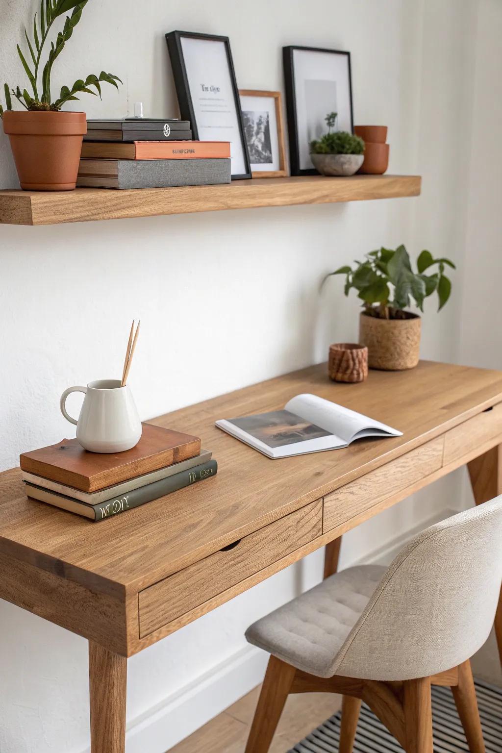 A thick oak floating shelf keeps your desk airy—style with books, a plant, and one keepsake.