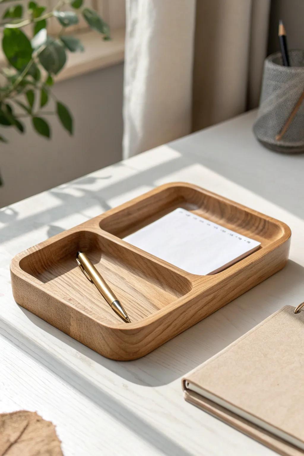 Minimal desk, maximum calm—one wooden organizer makes resetting your workspace effortless.