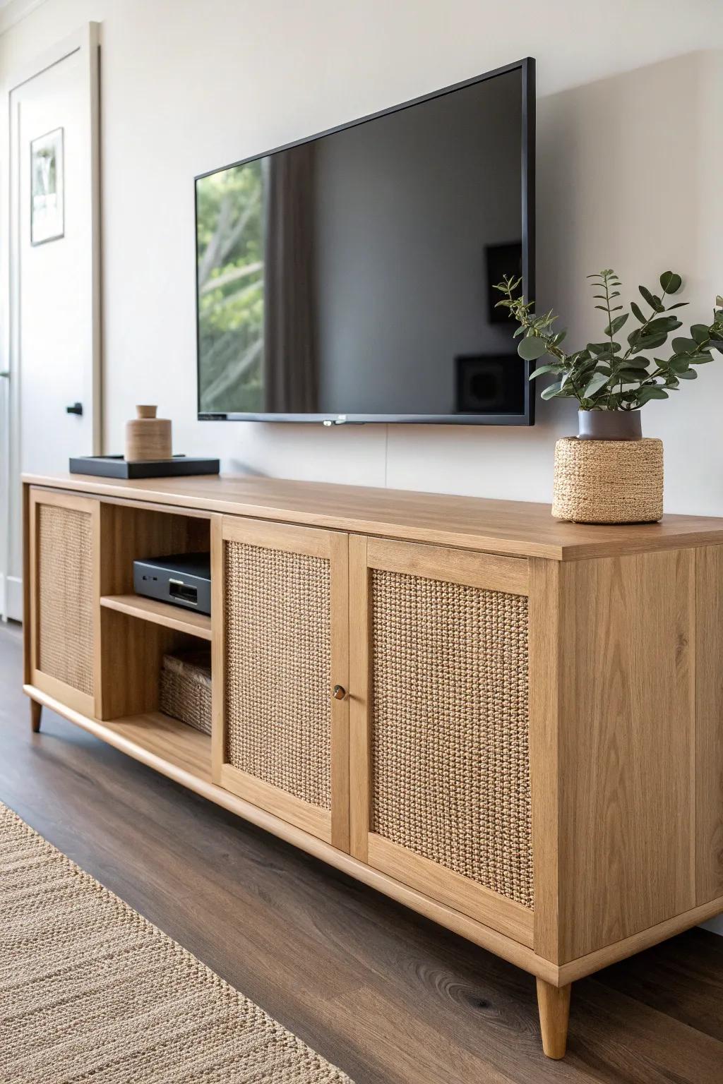 Floating oak media cabinet with hidden cleat + cable channel—clean lines that open up small rooms.