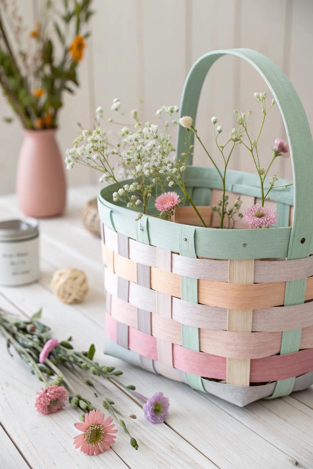 Embrace simplicity and craftsmanship with a handmade woven paper basket, perfect for adding a touch of elegance to your May Day celebrations.
