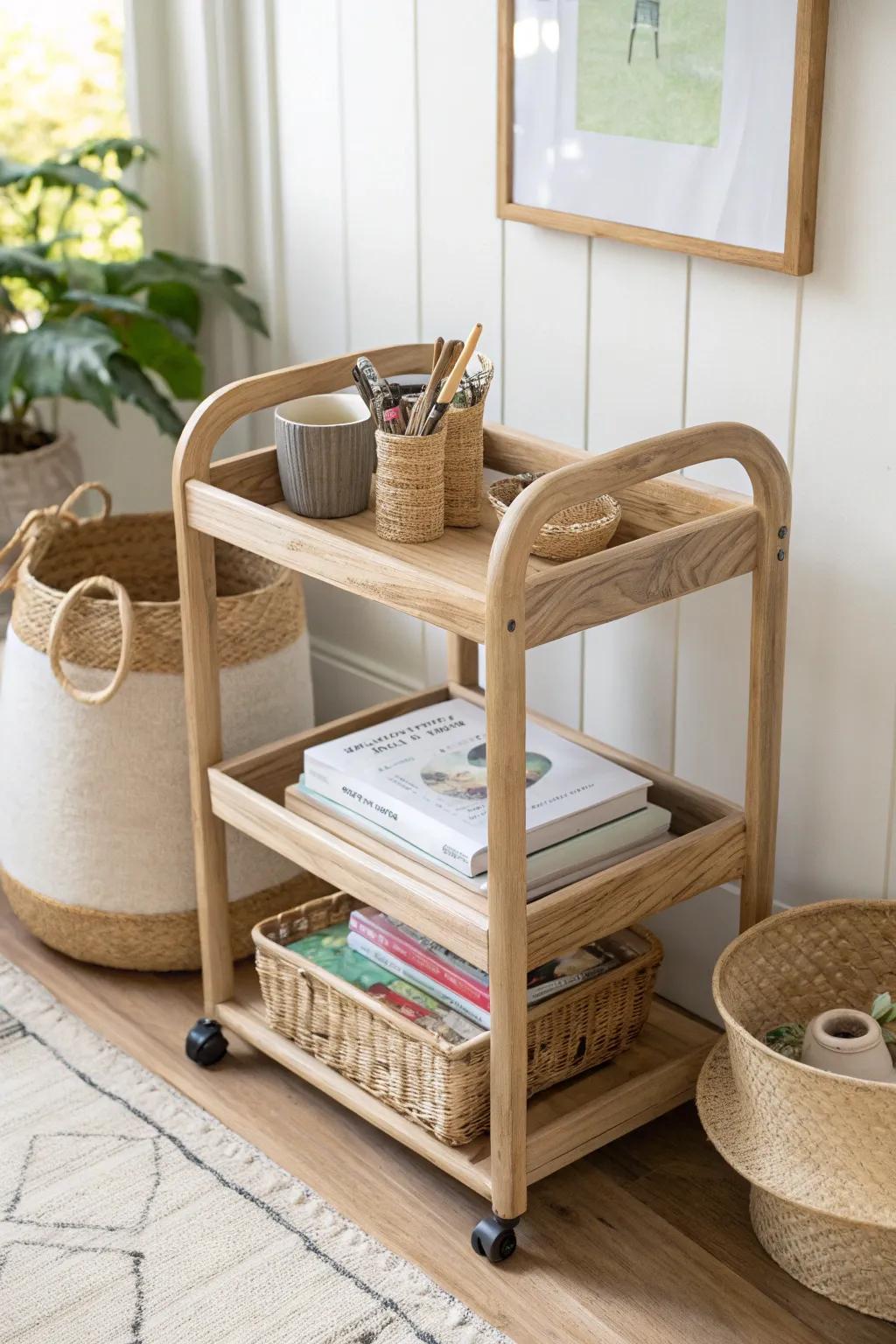 A rolling oak cart keeps homeschool supplies tidy—wheel it away when dinner starts.