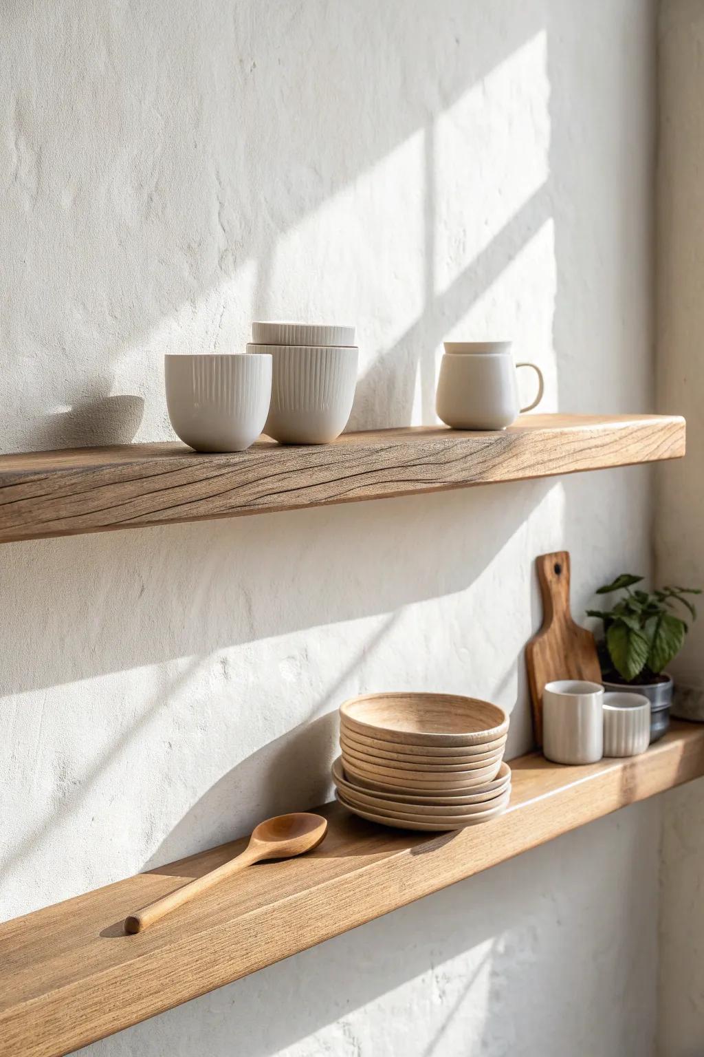 Open oak shelving makes daily bowls and mugs feel curated, warm, and beautifully homey.