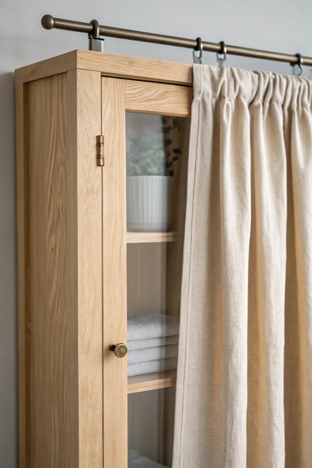 No-sew linen panels behind glass: a cozy, swap-anytime cover for real-life cabinet storage.