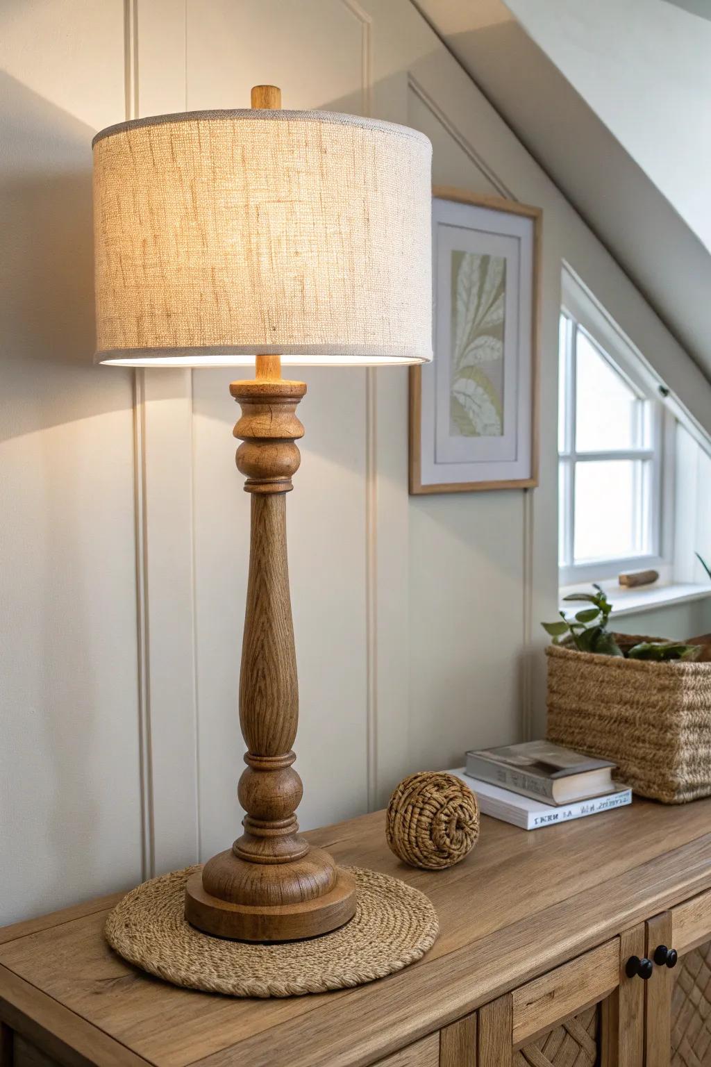 Add height and warmth with one tall lamp—instant cozy glow that flatters natural wood.