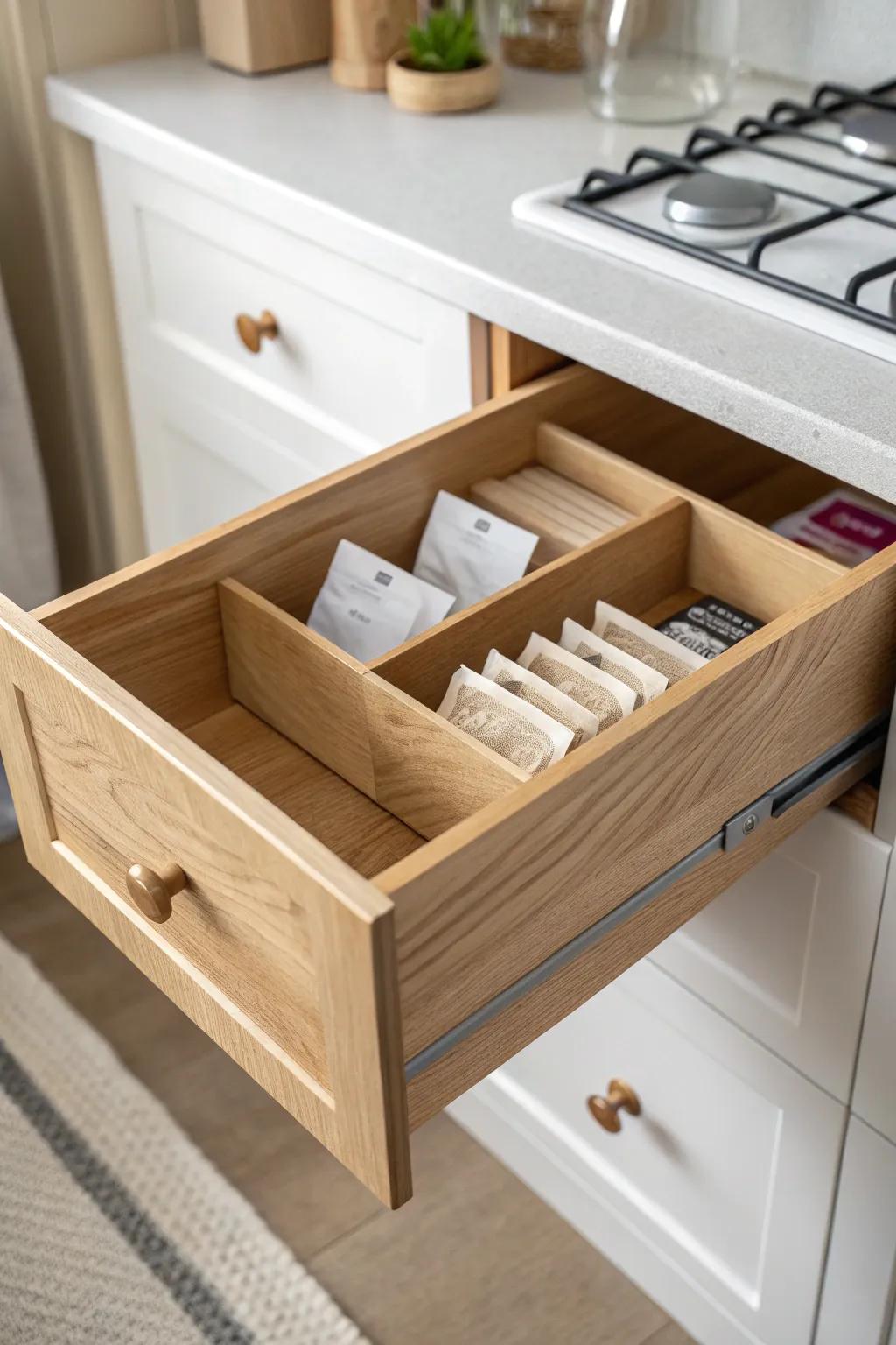 Treat deep shelves like drawers: pull-out wooden bins keep packets tidy and easy to grab.