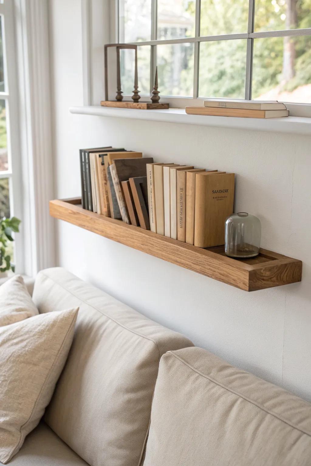 Floating shelf above the sofa—rotate seasonal favorites and keep your go-to books close.