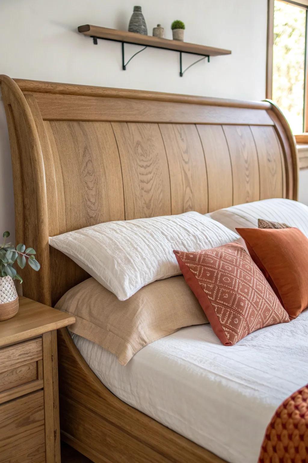 A simple pillow stack—big squares, sleepers, then a lumbar—perfectly mirrors a sleigh curve.