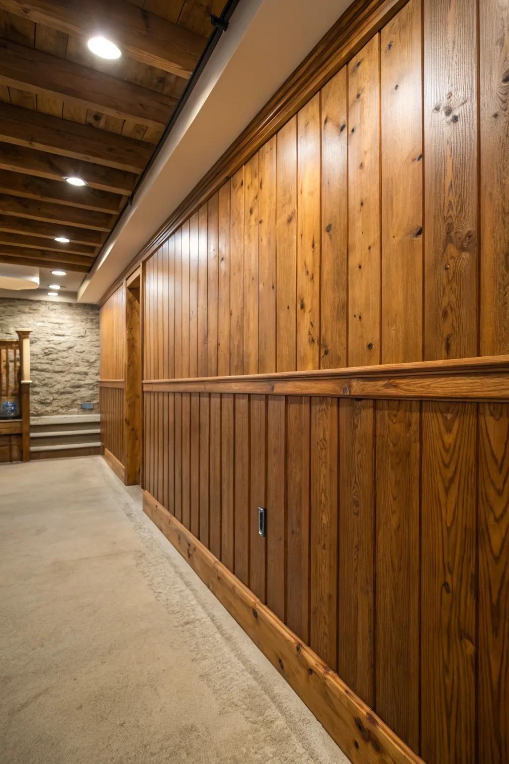 Transform your basement into a rustic retreat with elegant wood paneling.
