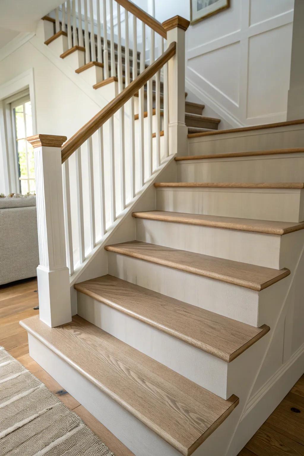 Soft greige treads + creamy risers for a calm, cozy two‑tone stair look with contrast.