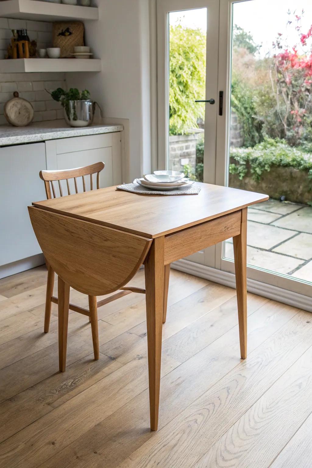 A tiny drop-leaf table that opens up fast—perfect for narrow kitchens and surprise guests.