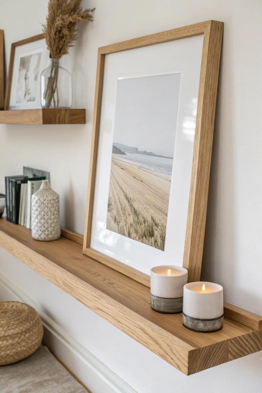 Layered frames on a slim oak picture ledge—easy to swap, zero extra holes, pure cozy contrast.