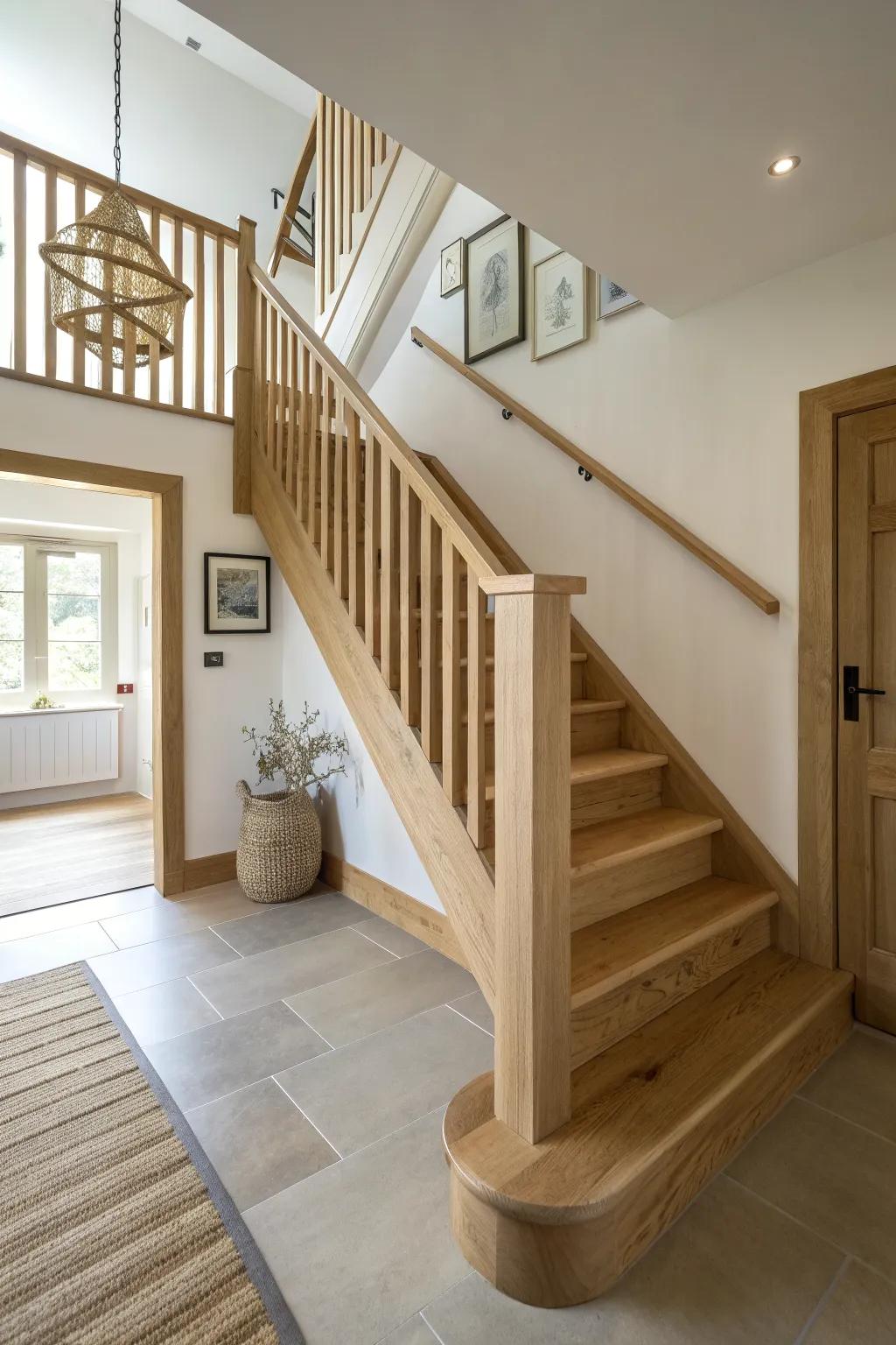 Swap the spiral for a safe, airy U-shaped switchback staircase in light oak and soft minimal style.