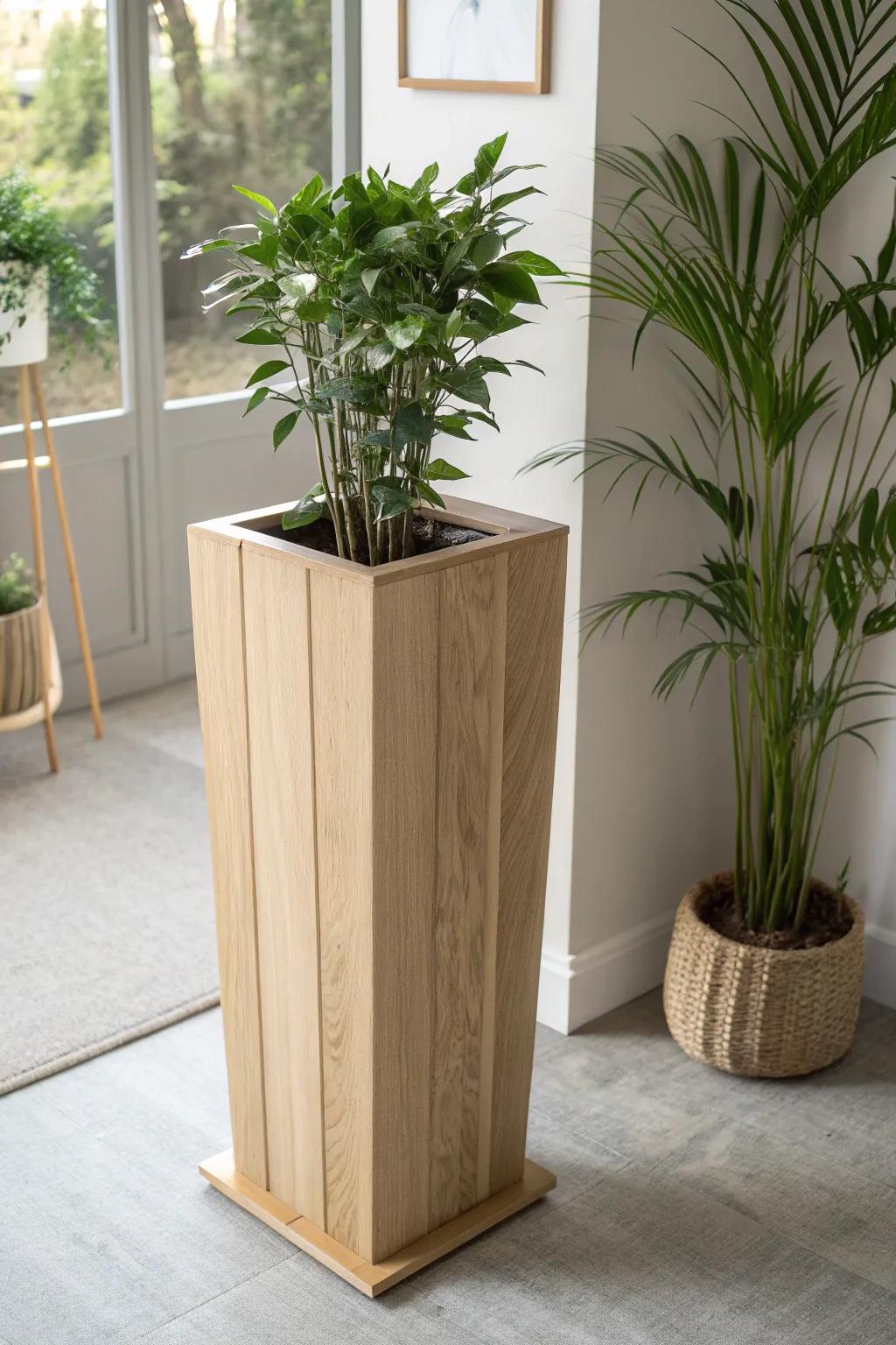 Modern oak floor planter box: tall, clean lines, and a raised base for a full look.