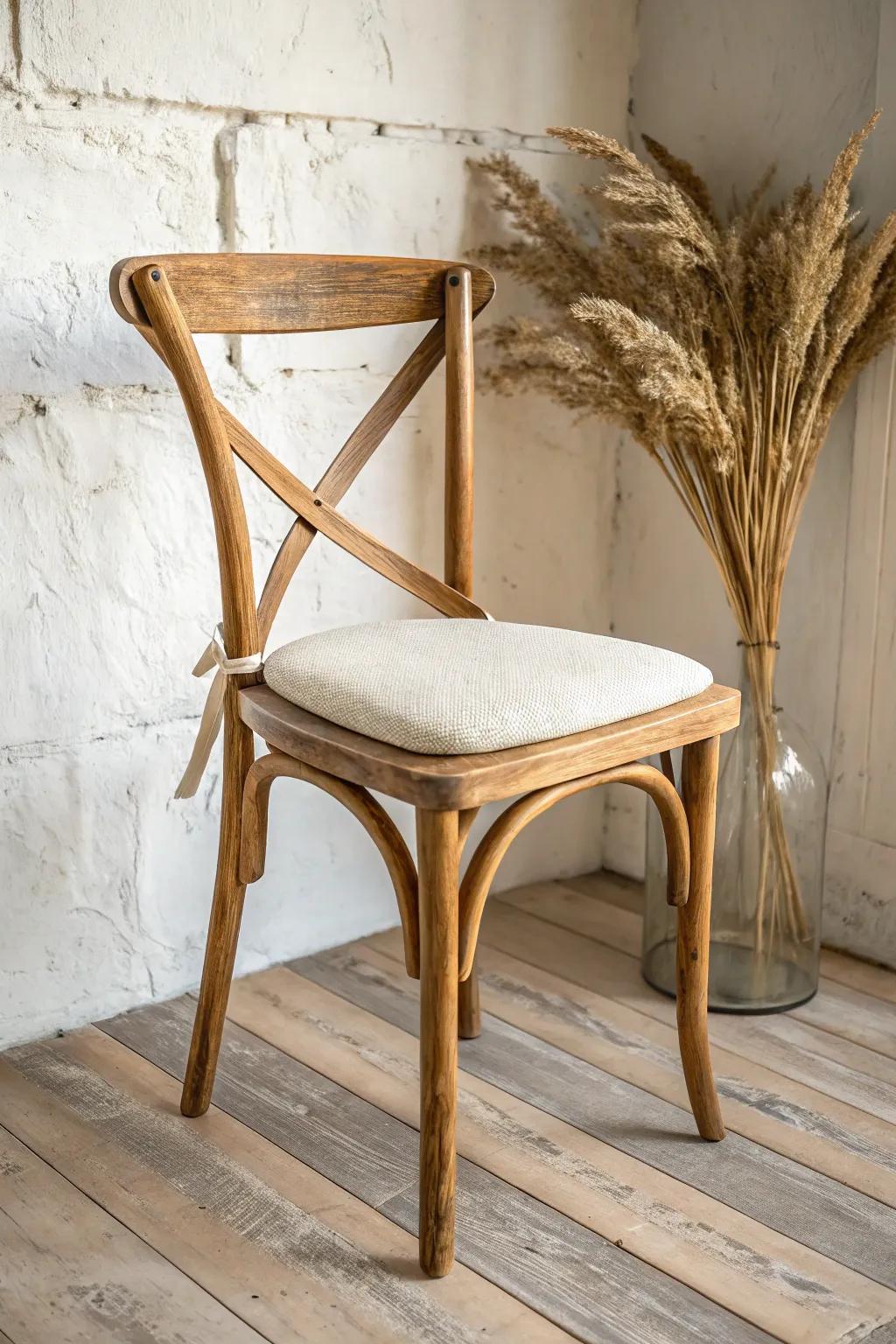 One cross-back chair + linen cushion = instant rustic wedding charm for modern indoor spaces.