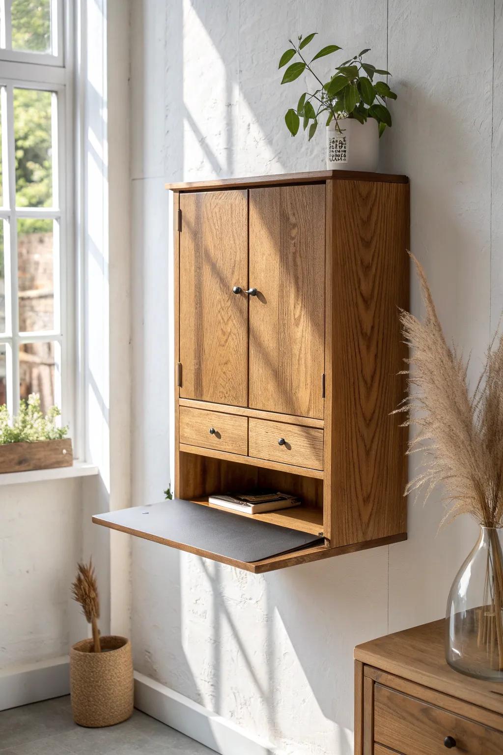 A slim reclaimed-wood wall desk cabinet that folds away—minimal, warm, and brilliantly practical.