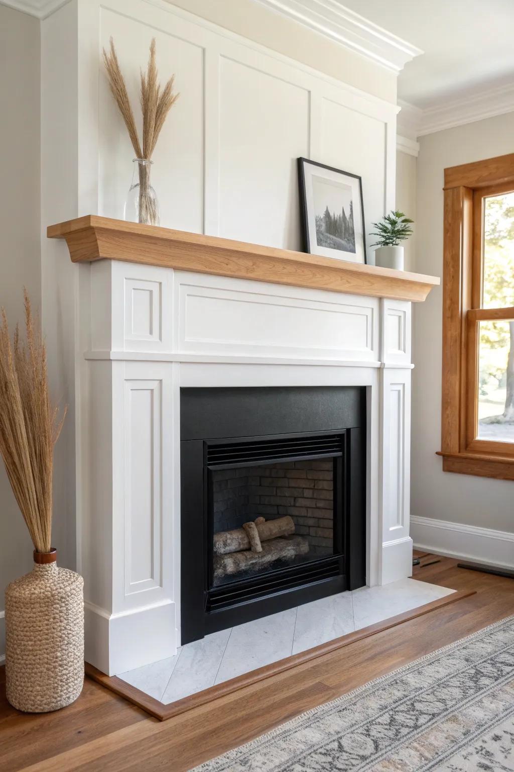 Clean painted mantel + flush surround make an inset fireplace feel crisp, classic, and intentional.