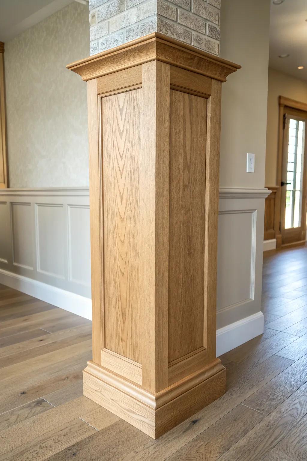 Craftsman box column with recessed panels—clean lines, warm oak grain, modern farmhouse calm.
