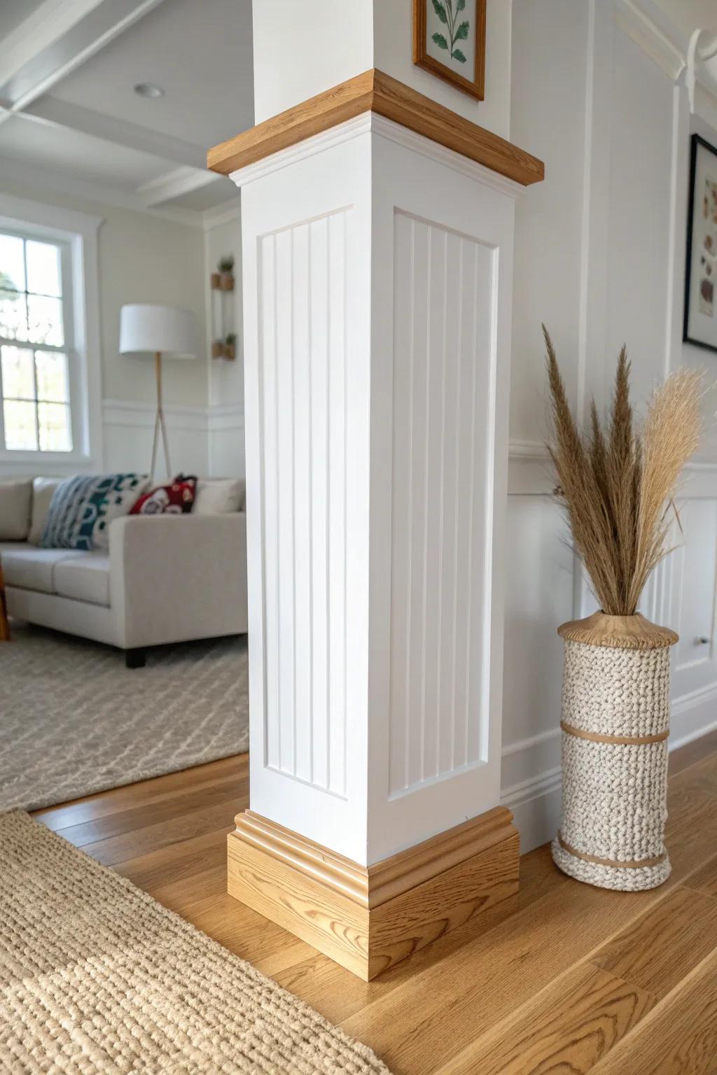 Cottage-chic beadboard column wrap with chunky trim—clean lines, cozy texture, bright contrast.