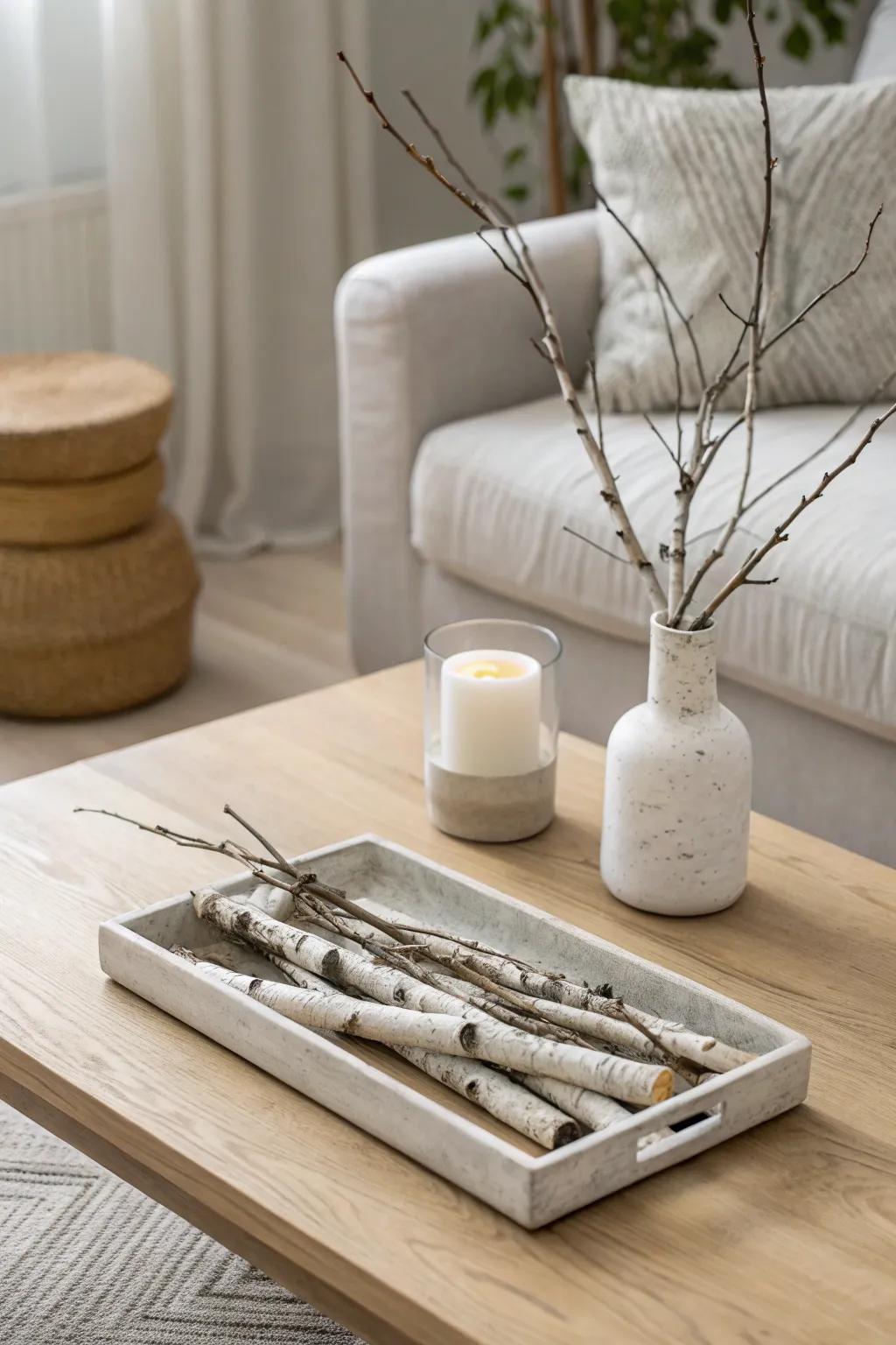 A low birch branch bundle on a simple tray creates a calm, intentional coffee table moment.