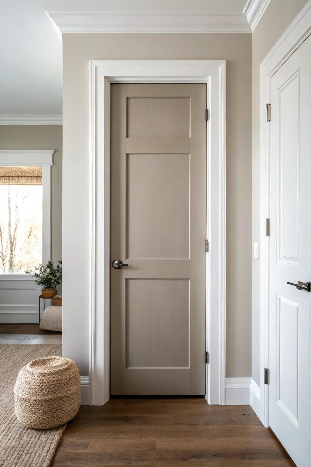 Light greige doors + crisp white trim: cozy, fresh, and far better at hiding everyday scuffs.