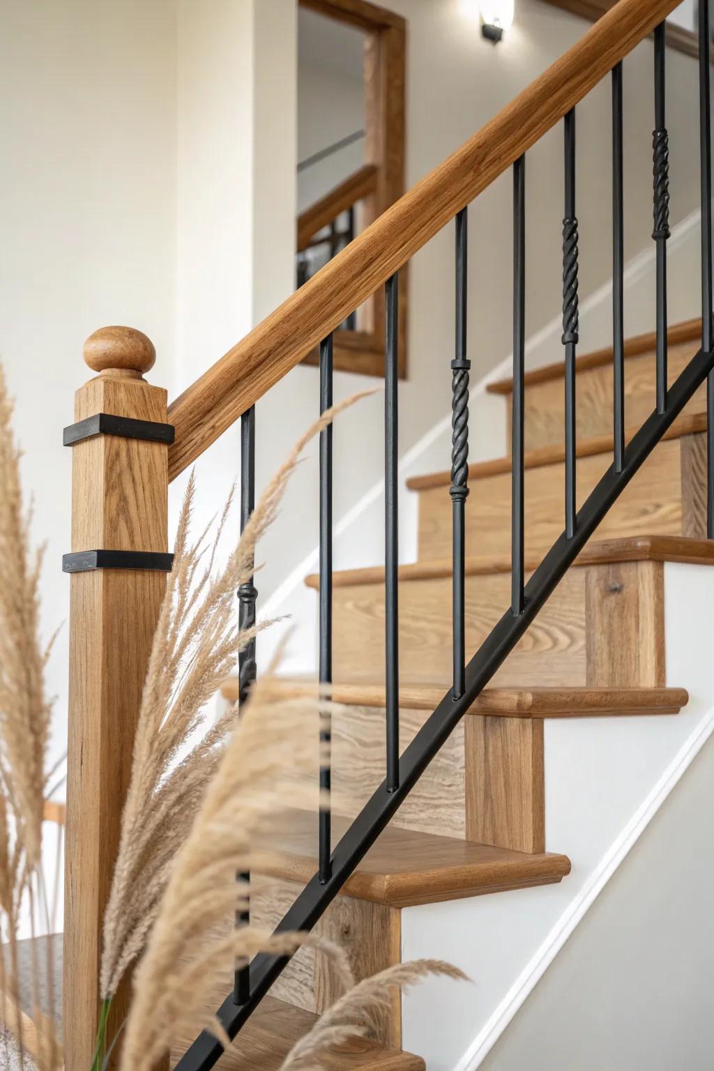 Modern farmhouse contrast: matte black balusters with a warm oak handrail for rich texture.