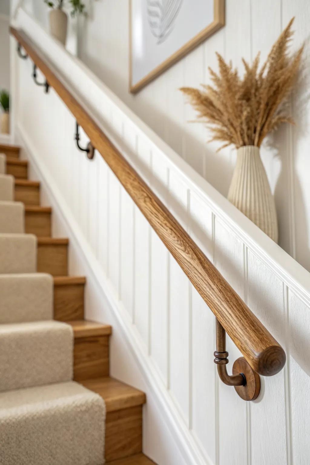 Handrail stain matched to stair treads for a seamless, intentional staircase look—test on offcuts.