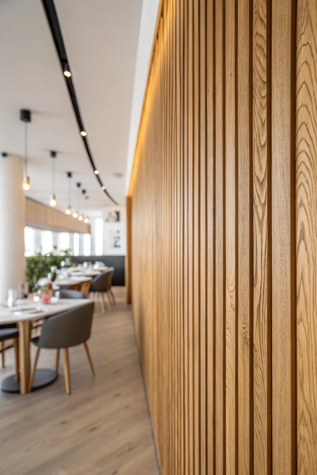 Warm oak slat dining wall: cozy restaurant glow, minimalist styling, and rich natural texture.