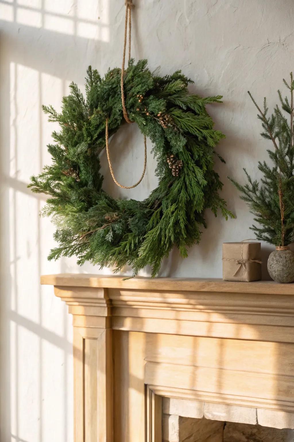January mantel refresh: a simple green wreath with no bows—clean, calm, timeless.