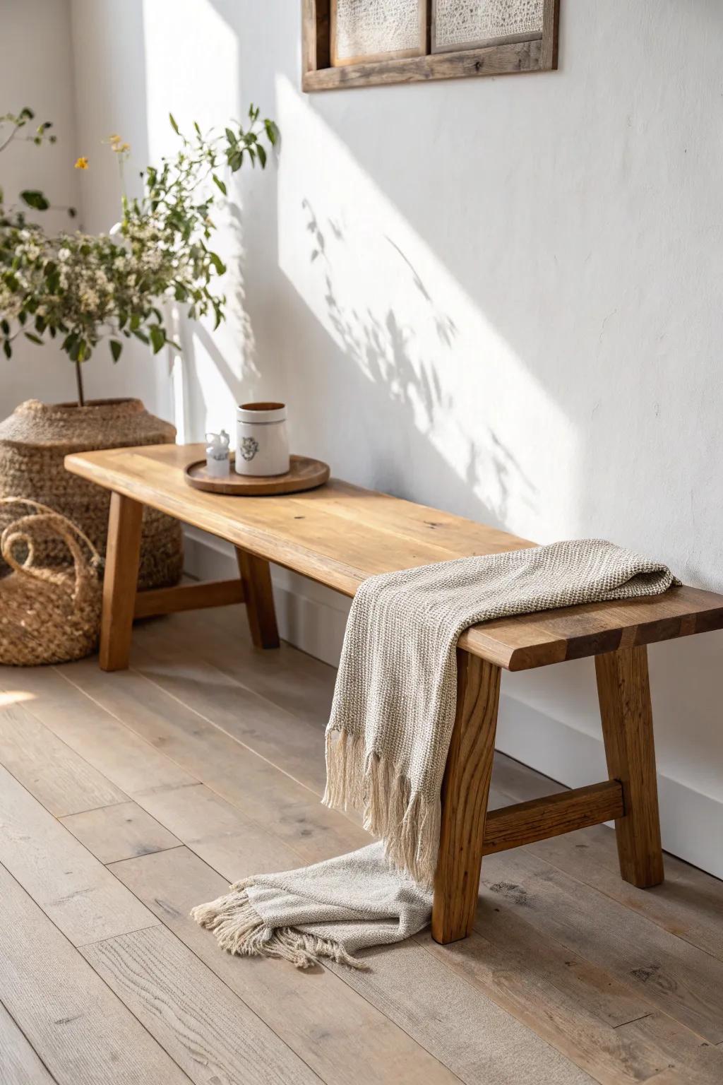 Airy Japandi dining vibe: a handcrafted oak bench keeps the room open, warm, and flexible.