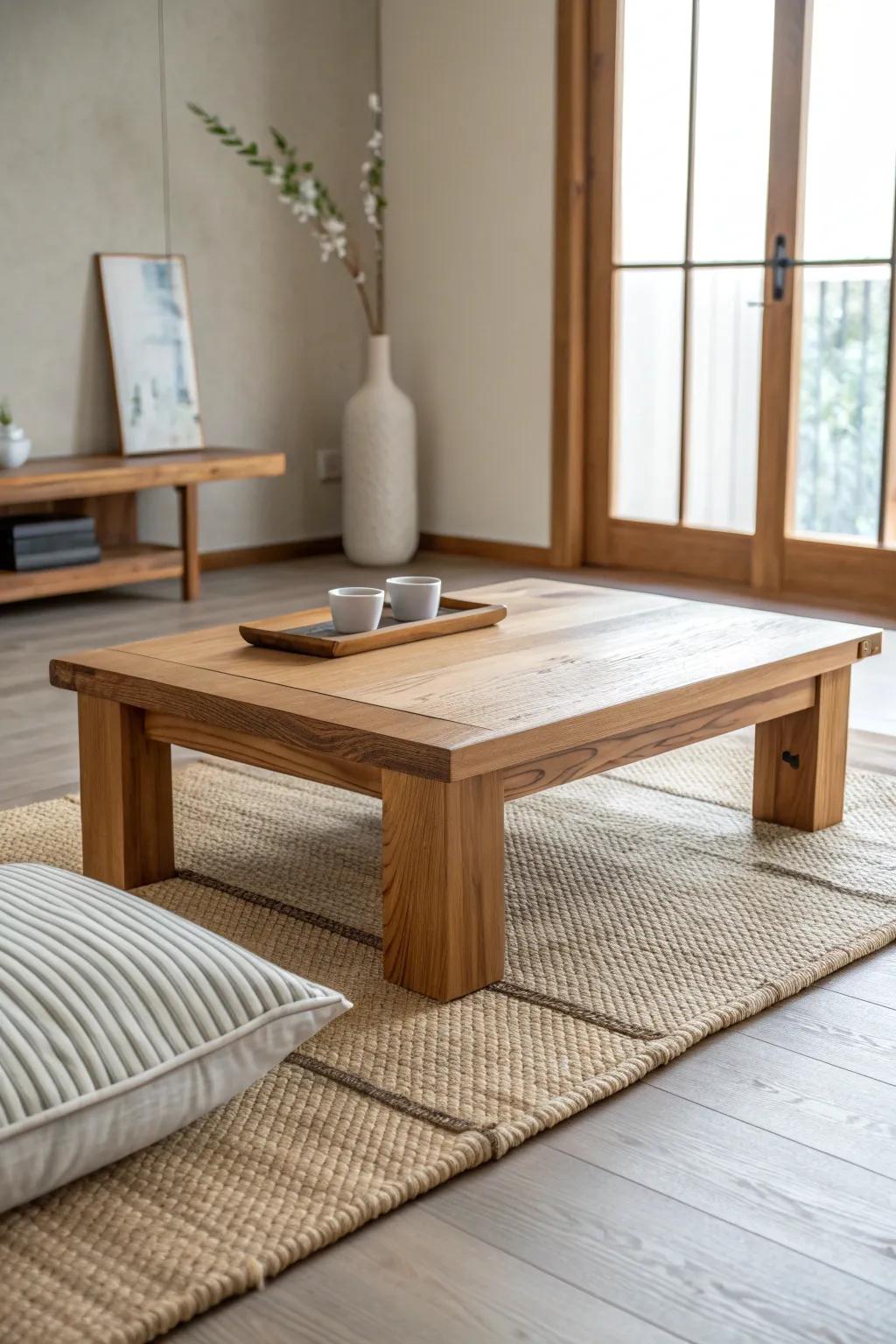 A chunky low coffee table in warm oak—Japanese calm meets Scandi minimal, grounded and serene.