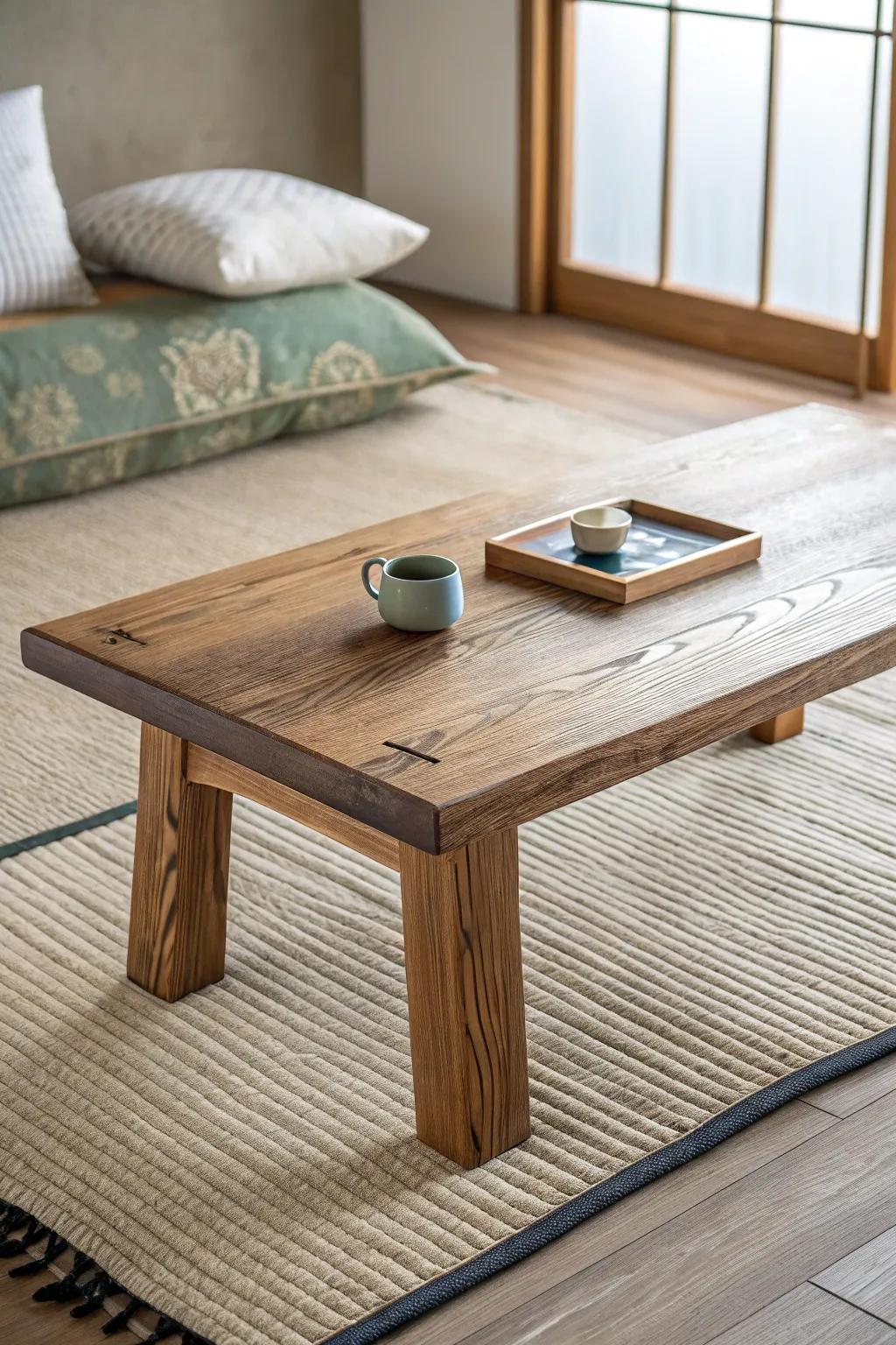 Handcrafted low reclaimed-wood table for slow Japanese dinners and cozy floor seating.