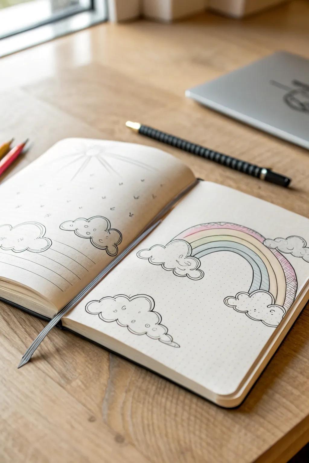 Capture the serene beauty of cloudy days with minimalist journal sketches. 🌥️✨ #ScandinavianStyle #BohoCharm