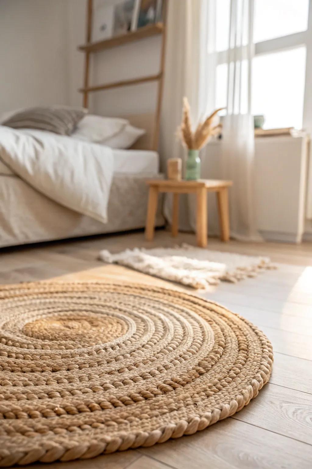 Neutral-on-neutral serenity: a sunlit jute rug letting creamy linens and wood grain glow.