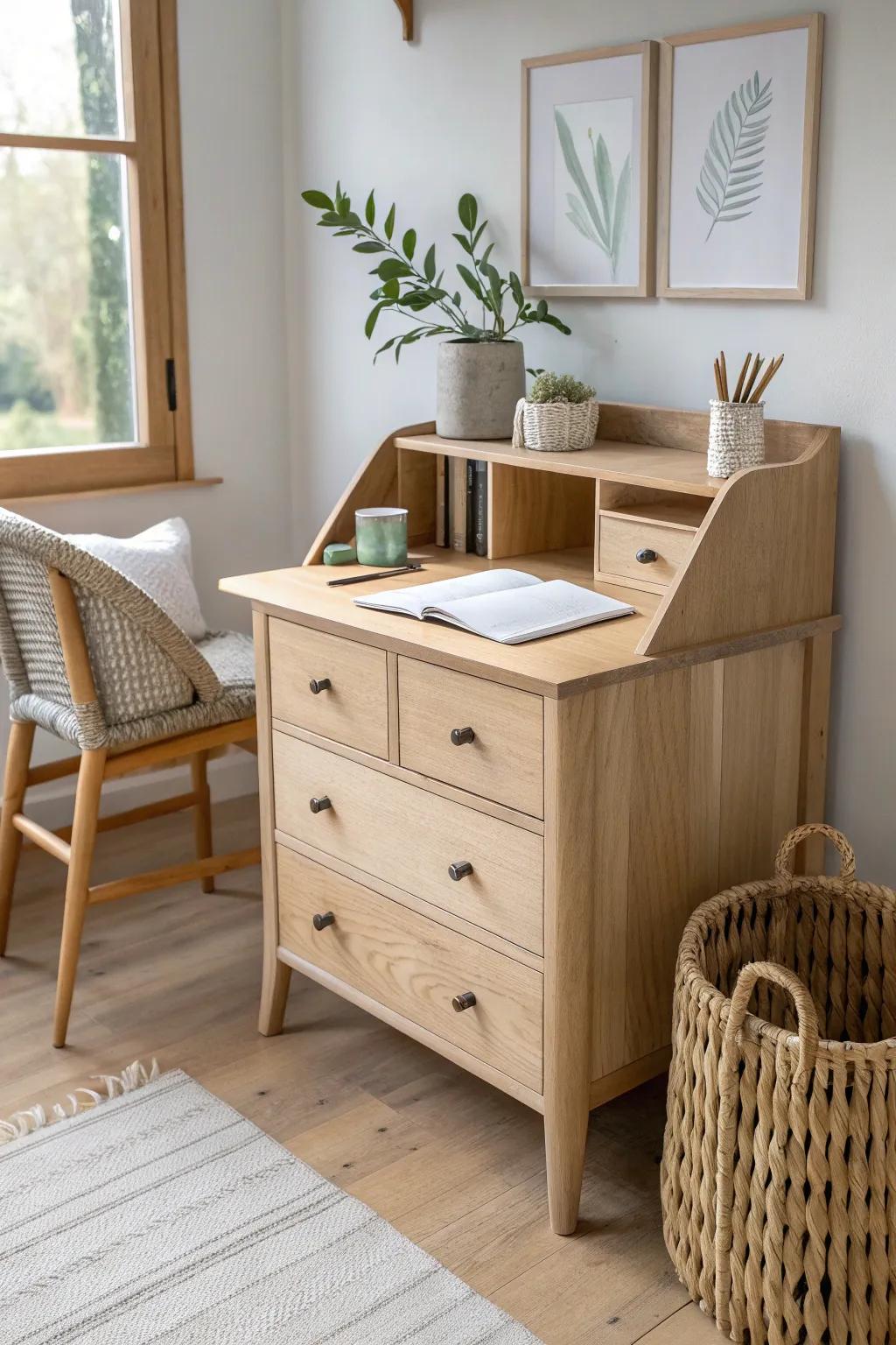 Upcycled dresser desk with built-in drawers—minimal, warm, and perfect for a kid’s study nook.