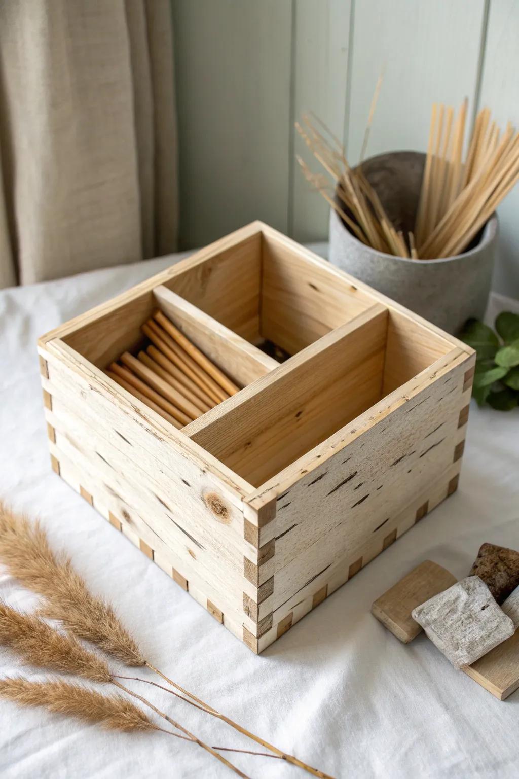 A divided kindling box keeps sticks, splits, and starters tidy—simple, calm, and beautiful.