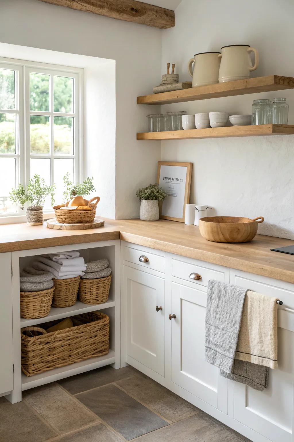 Turn that awkward corner into a cozy oak baking nook with shelves and calm, airy style.