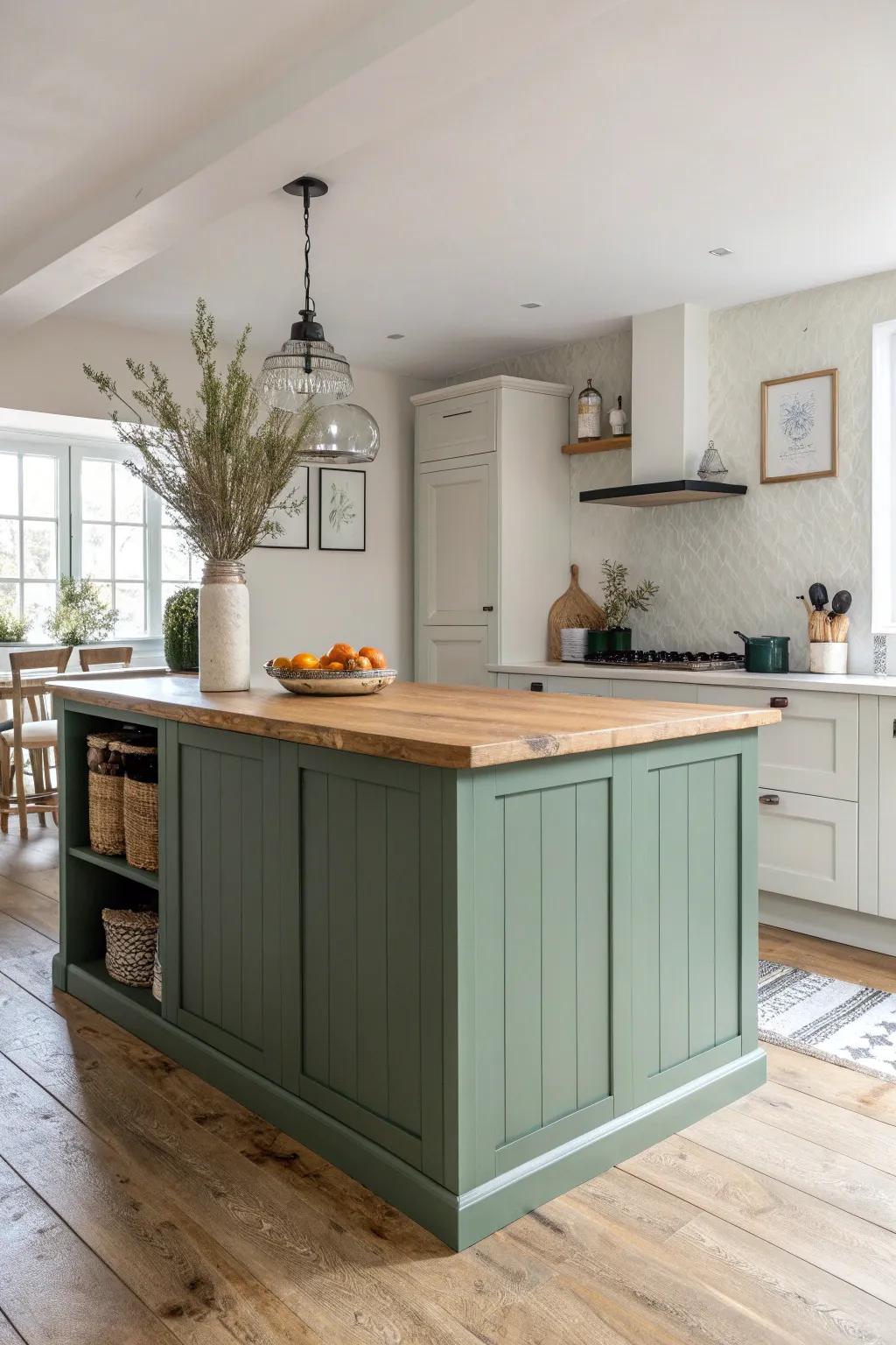 A two-tone island base adds instant custom charm—bold paint below, warm wood on top.