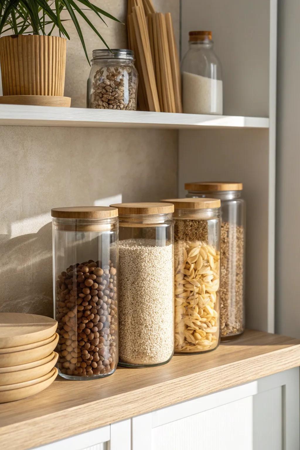 Matching glass canisters turn pantry staples into a clean, intentional cabinet display.