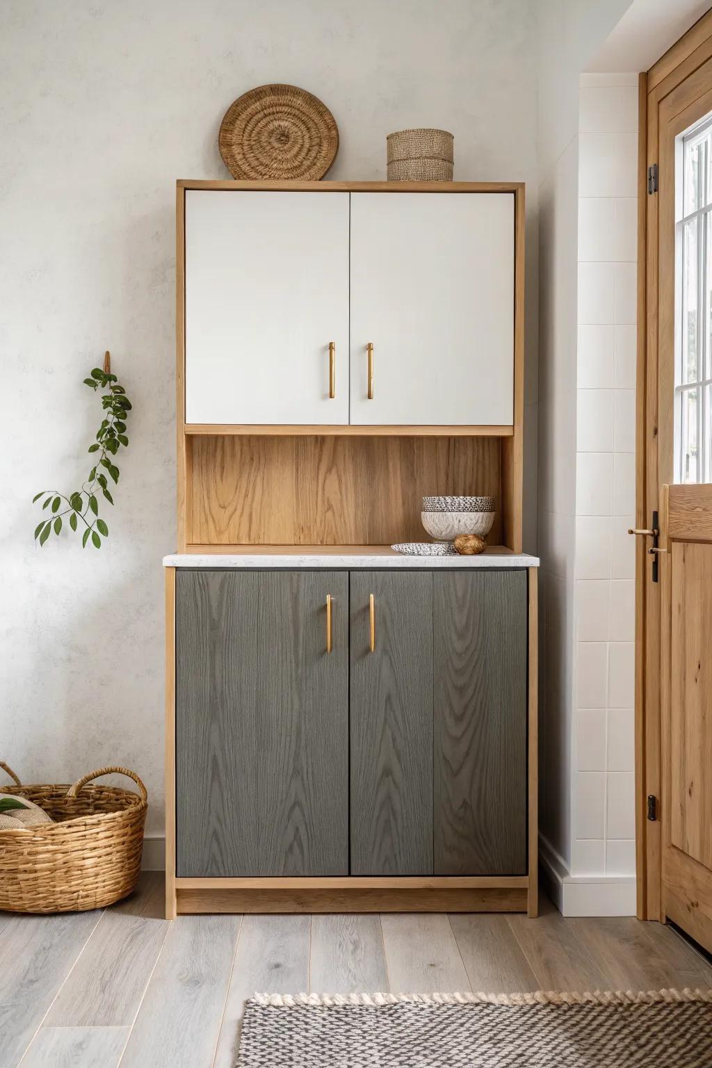 Two-tone cabinets: light uppers lift the room, deeper lowers add calm, grounded contrast.