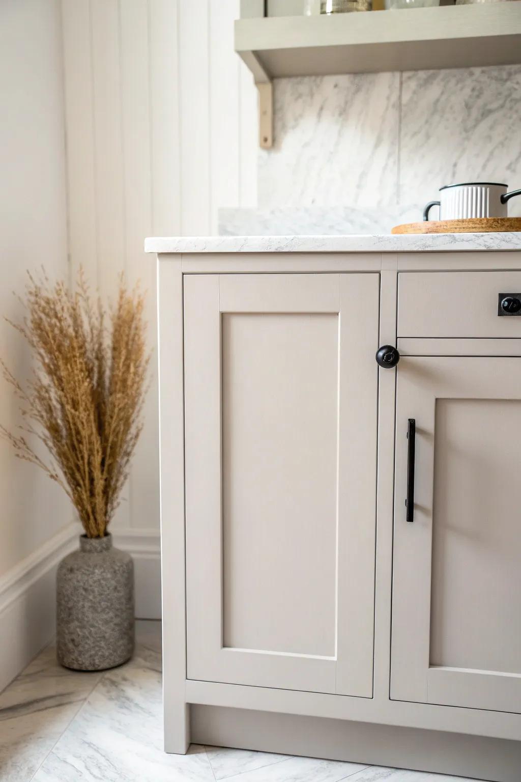 Soft greige cabinets: the perfect in-between neutral for marble-look counters and mixed metals.