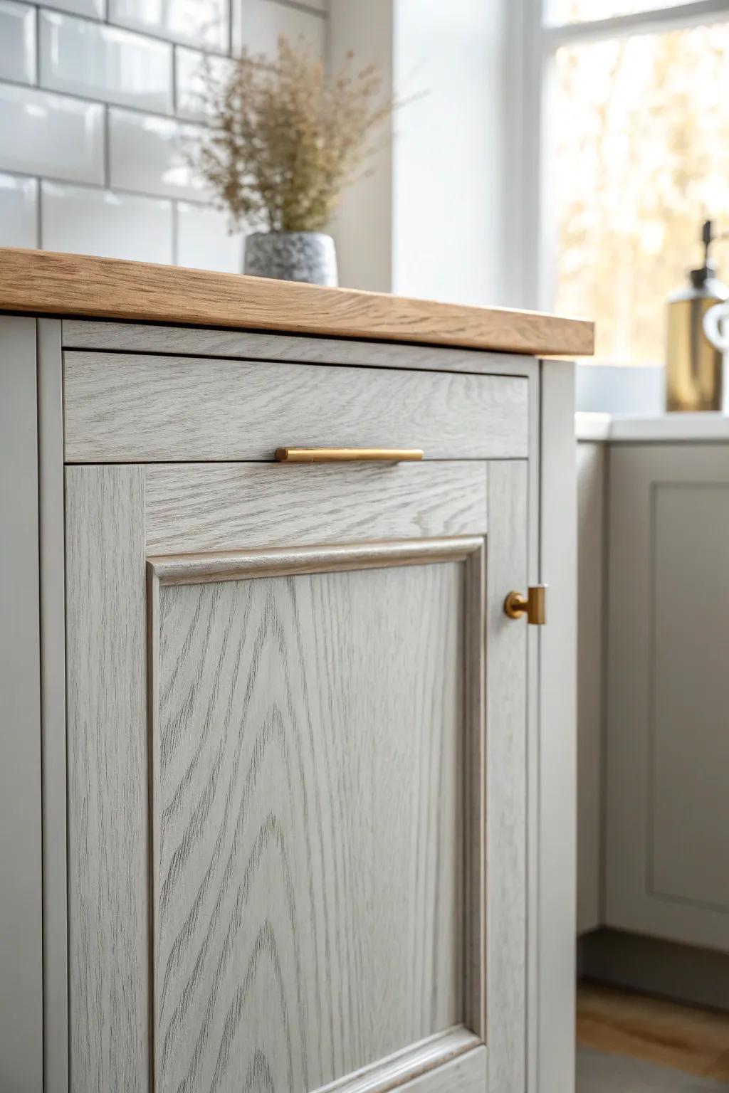 Light gray cabinets + brass hardware = a fresh, airy update that calms even busy counters.